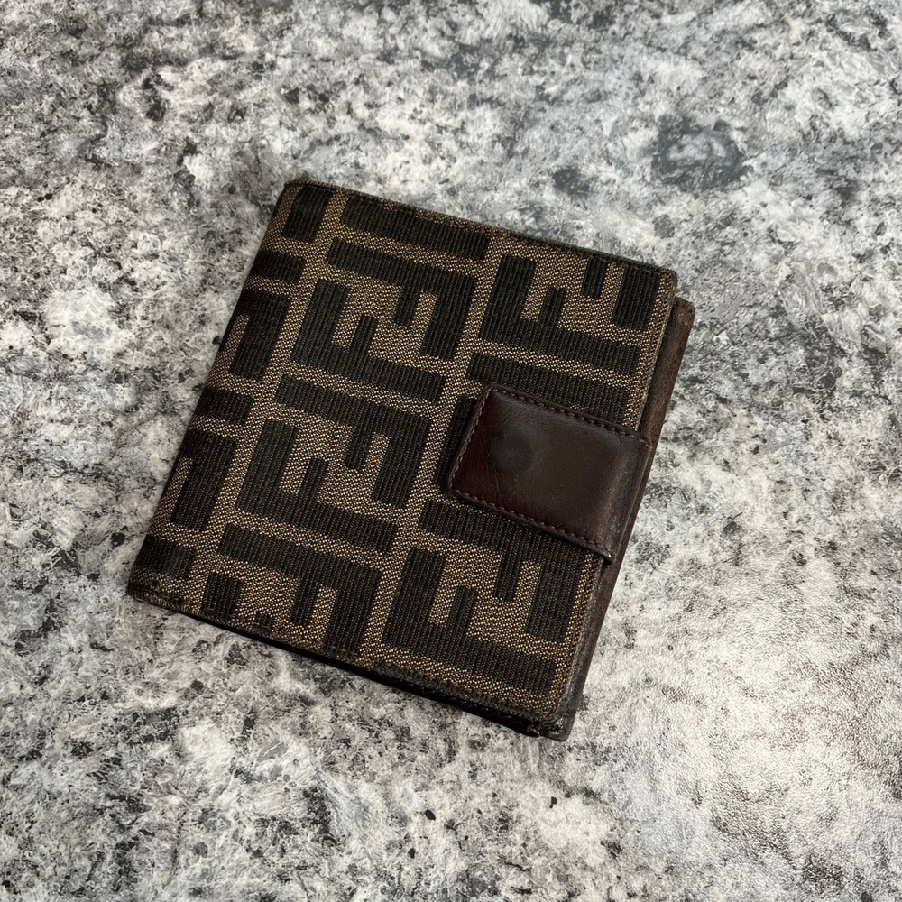 Y2K Fendi Zucca Monogram Bifold Wallet Mens Brown Leather Canvas Made in Italy